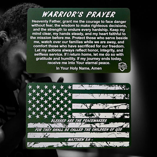 Warrior's Prayer Card showing laser-engraved metal card text and artwork.