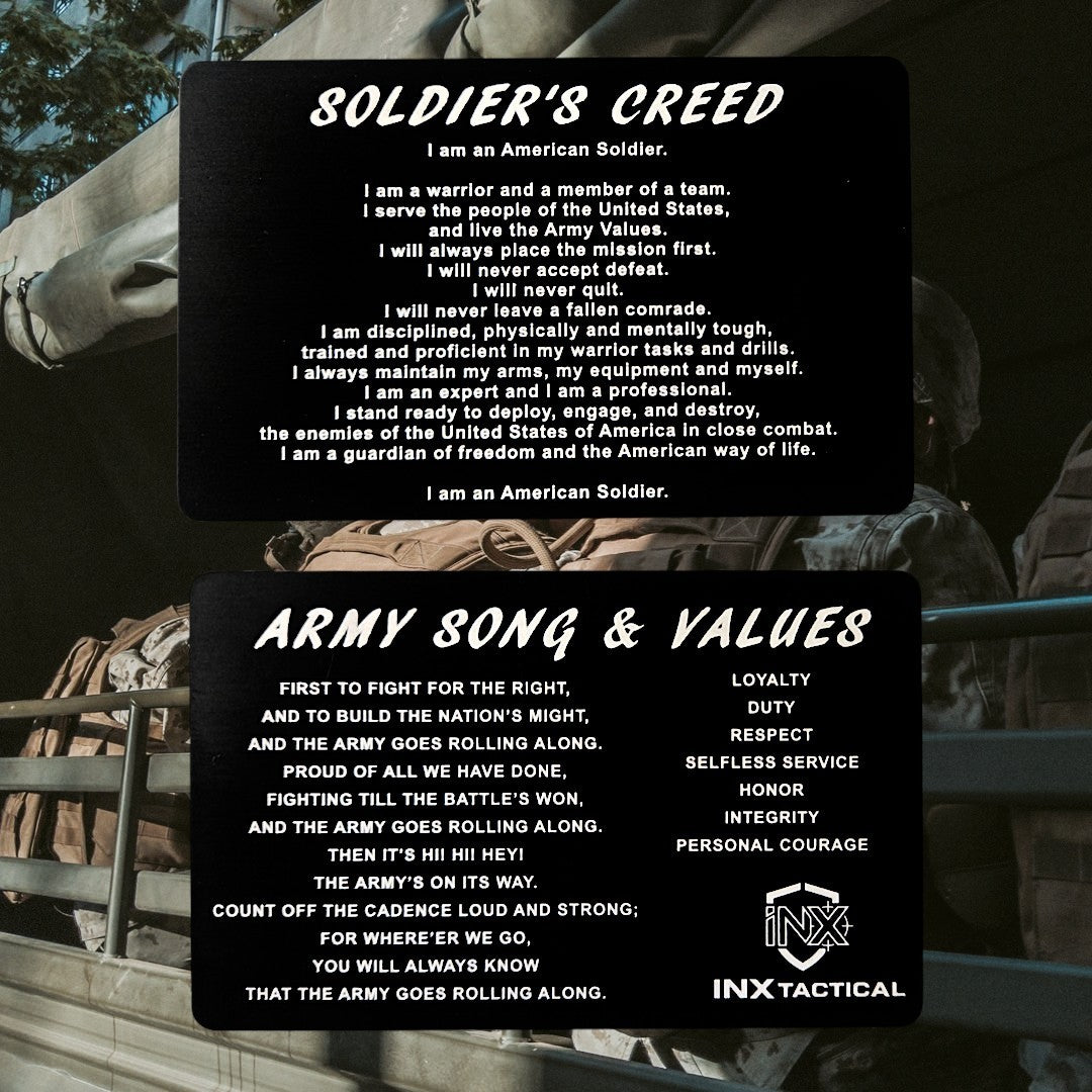 Soldier's Creed, Army Song & Values Card showing laser-engraved metal card text and artwork.