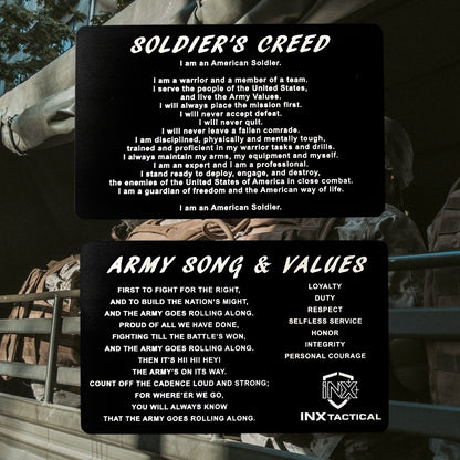 Soldier's Creed, Army Song & Values Card showing laser-engraved metal card text and artwork.