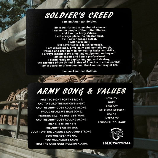Soldier's Creed, Army Song & Values Card showing laser-engraved metal card text and artwork.