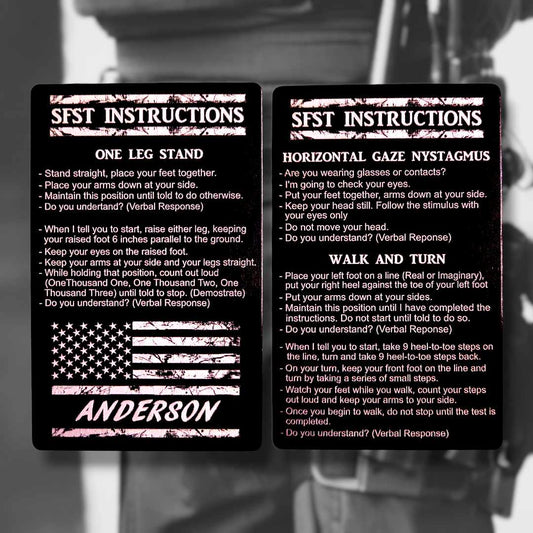 Standard Field Sobriety (SFST) Instructions Card showing laser-engraved metal card text and artwork.