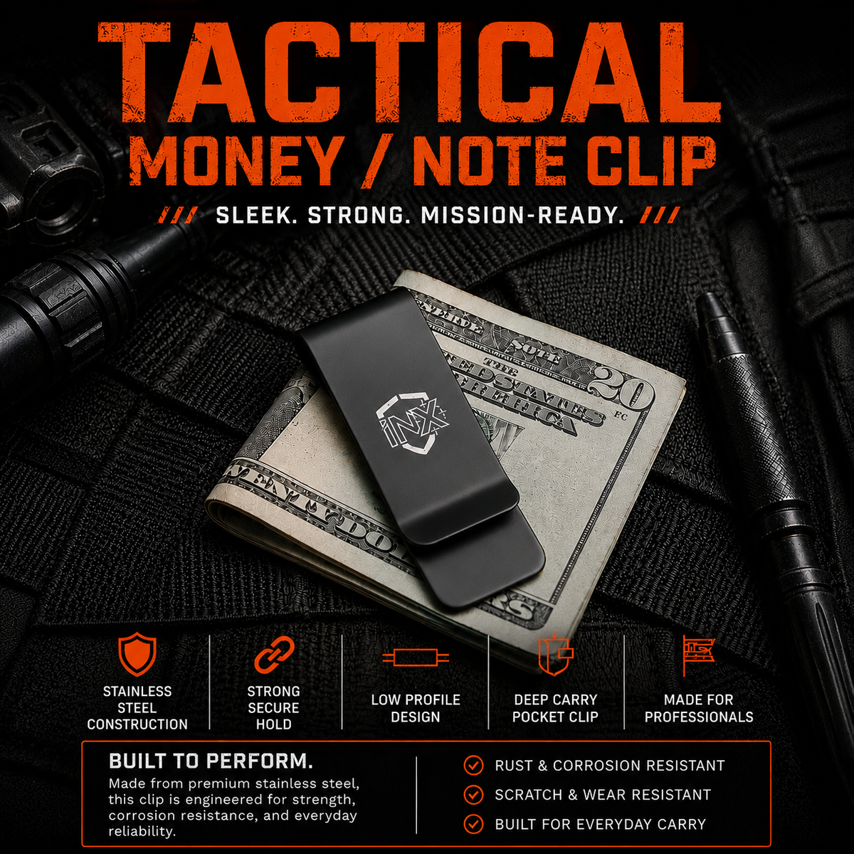 Tactical Money/Note Clip product graphic showing the item and its features.