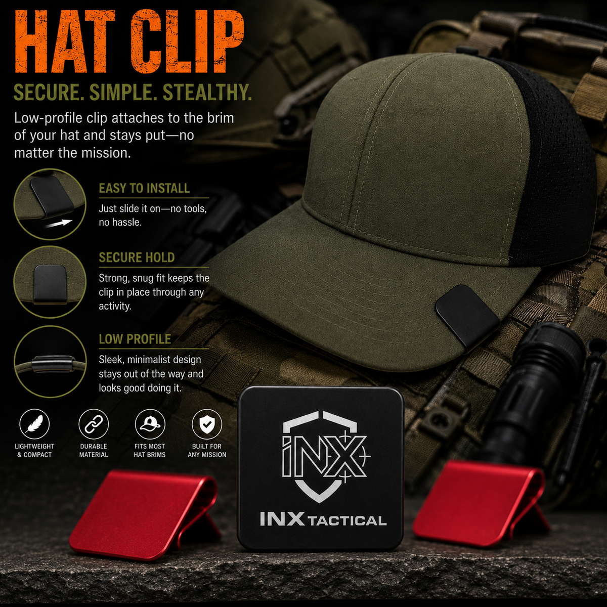 INX Tactical aluminum hat clip on a cap beside black and red logo clips.