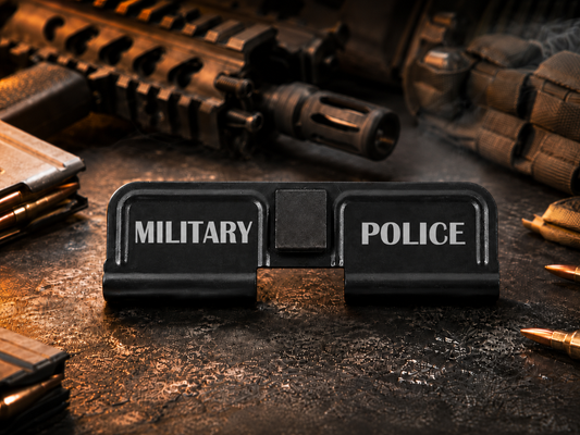 Military Police AR-15 Dust Cover showing the engraved artwork on both sides of the black steel cover.