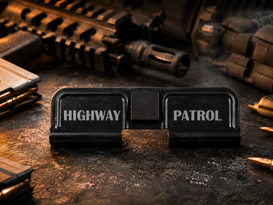 Highway Patrol AR-15 Dust Cover showing the engraved artwork on both sides of the black steel cover.