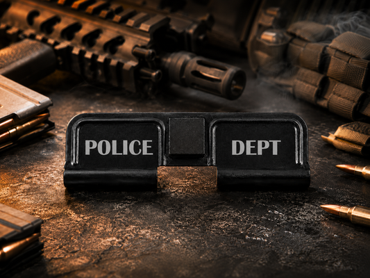Police Dept AR-15 Dust Cover showing the engraved artwork on both sides of the black steel cover.