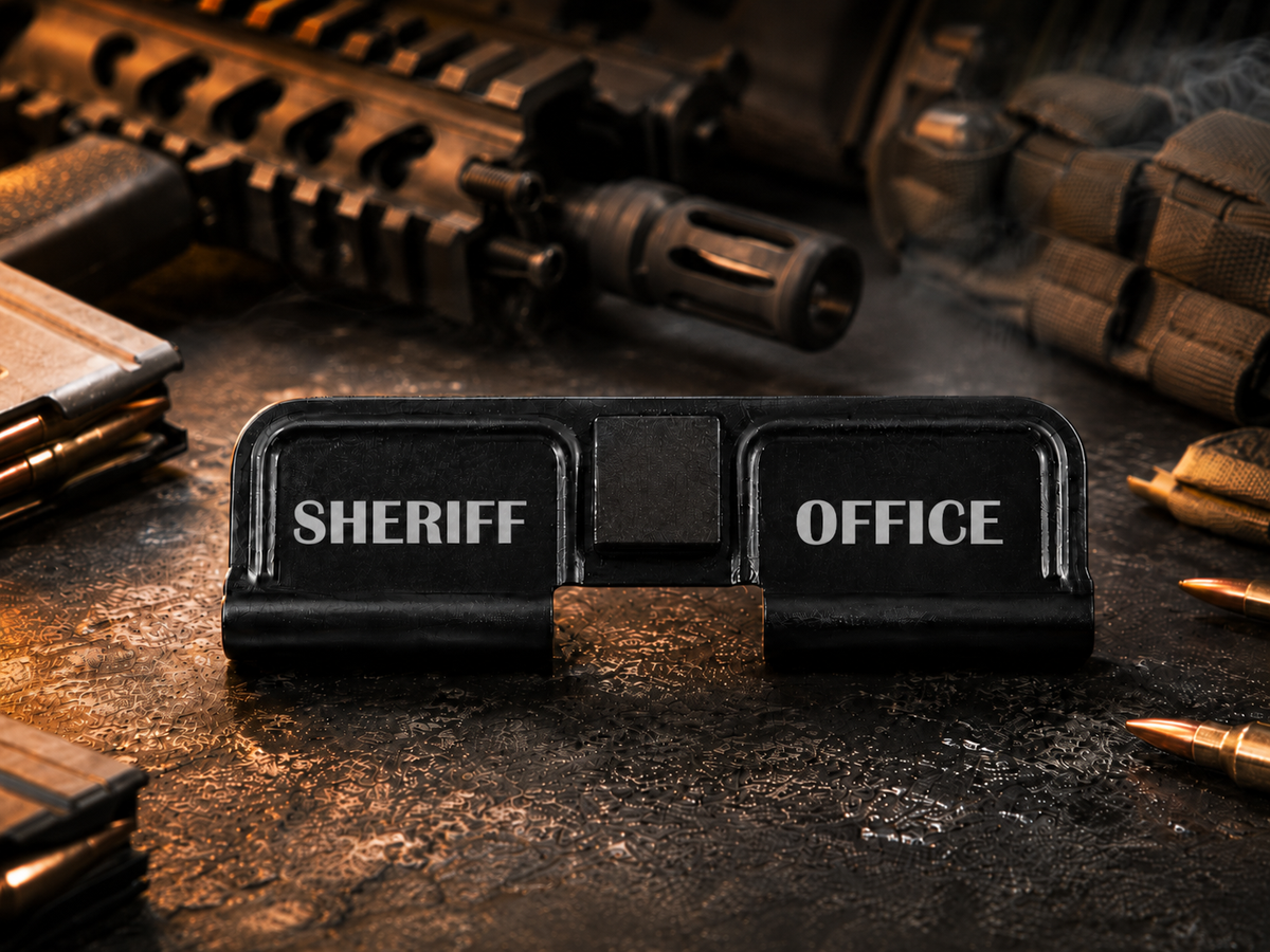 Sheriff Office AR-15 Dust Cover showing the engraved artwork on both sides of the black steel cover.