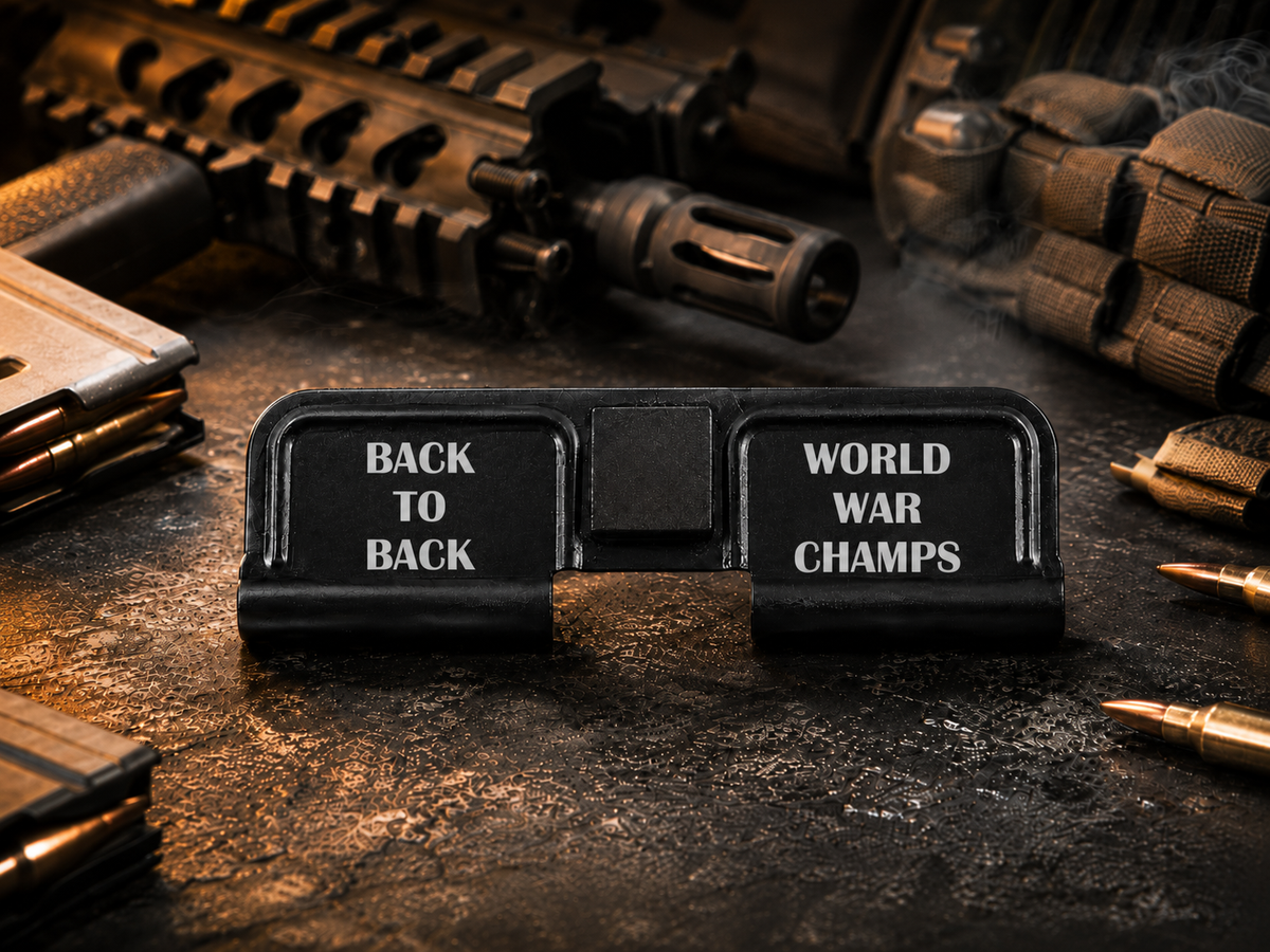 Back to Back World War Champs AR-15 Dust Cover showing the engraved artwork on both sides of the black steel cover.