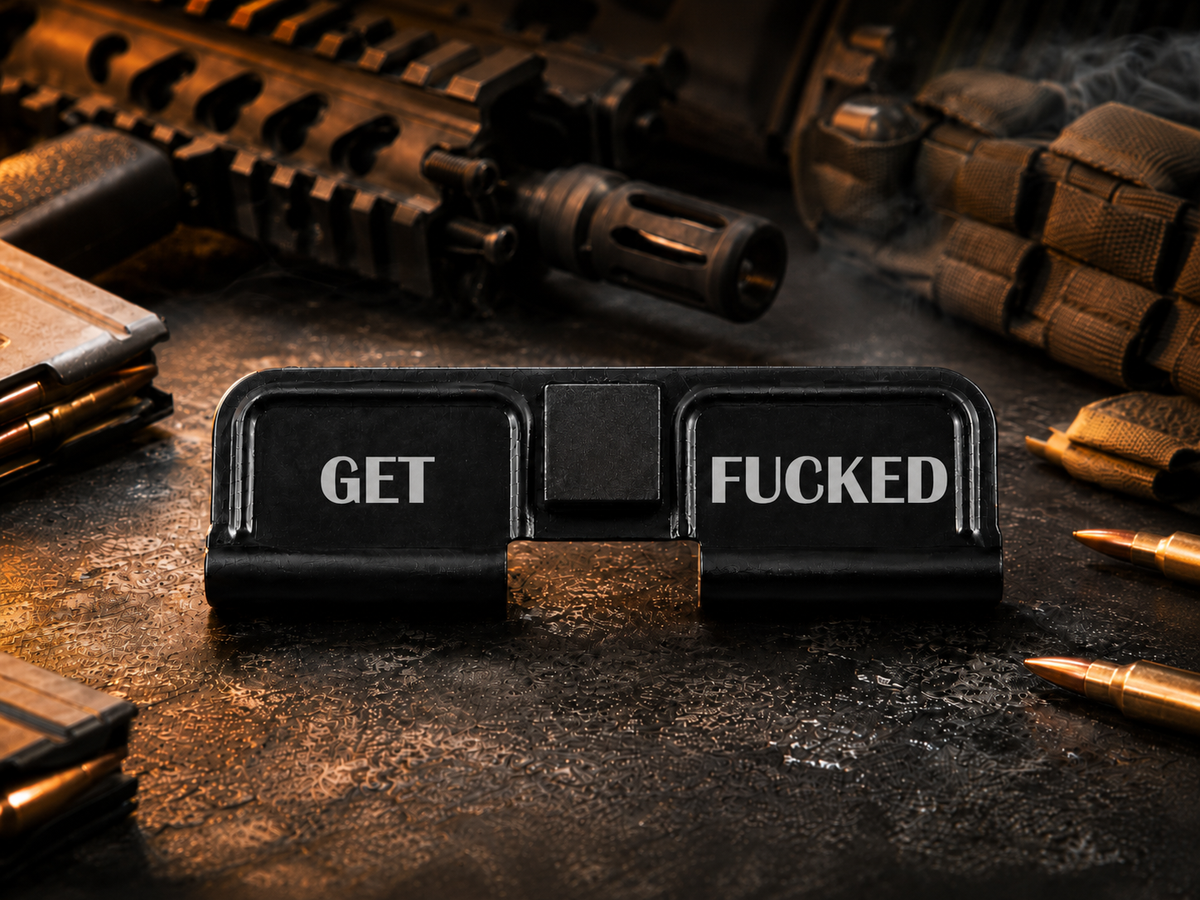 Get Fucked AR-15 Dust Cover showing the engraved artwork on both sides of the black steel cover.