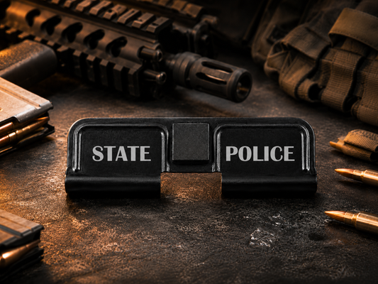 State Police AR-15 Dust Cover showing the engraved artwork on both sides of the black steel cover.