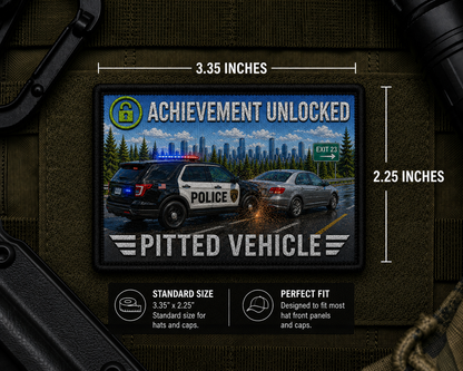 Pitted Vehicle Achievement Patch with dimensions and backing feature information.
