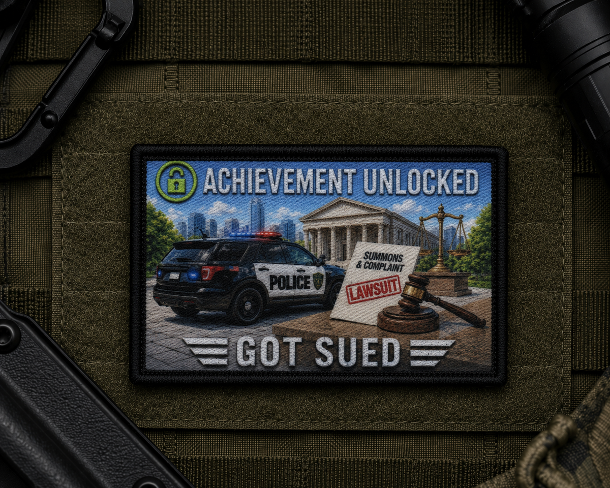 Got Sued Achievement Patch design with a black border on tactical gear.