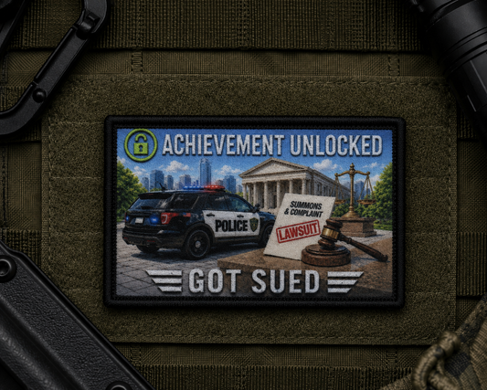Got Sued Achievement Patch design with a black border on tactical gear.