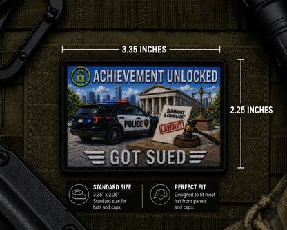 Got Sued Achievement Patch with dimensions and backing feature information.