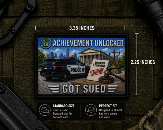 Got Sued Achievement Patch with dimensions and backing feature information.
