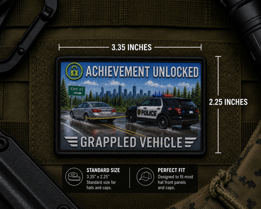 Grappled Vehicle Achievement Patch with dimensions and backing feature information.