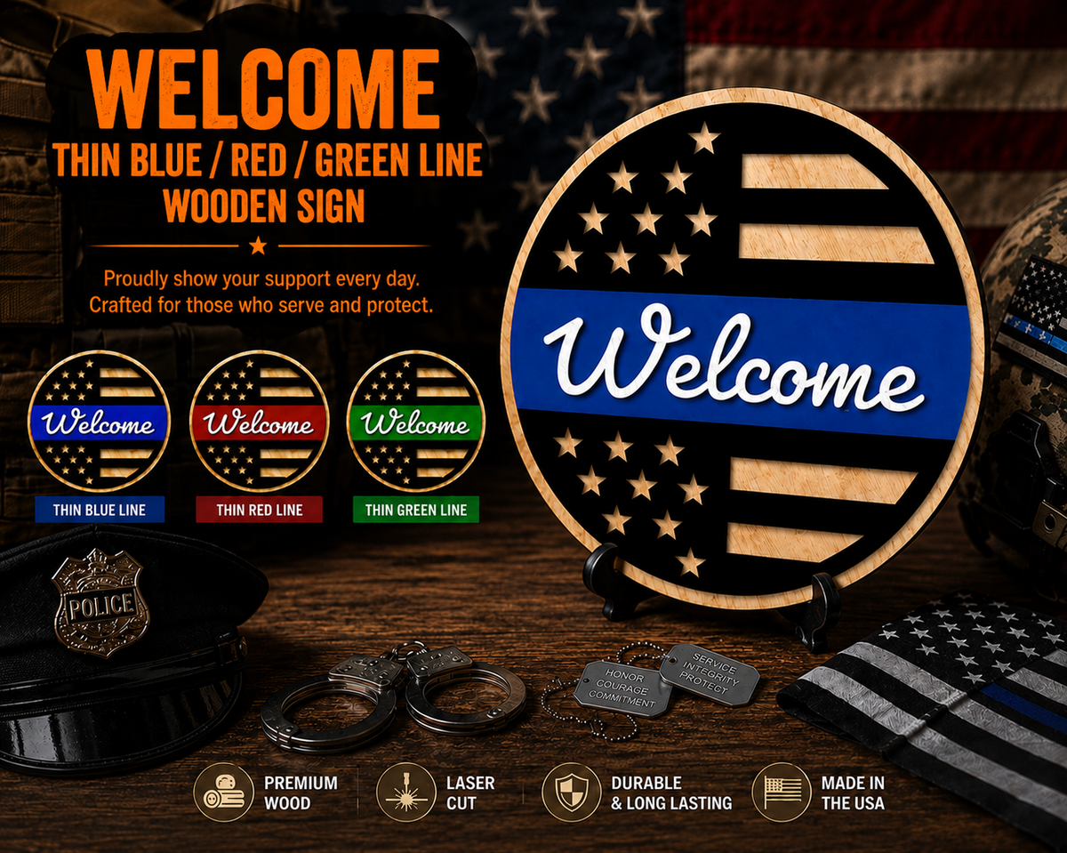 Welcome Thin Line Wooden Sign product graphic showing the item and its features.