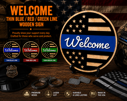 Welcome Thin Line Wooden Sign product graphic showing the item and its features.