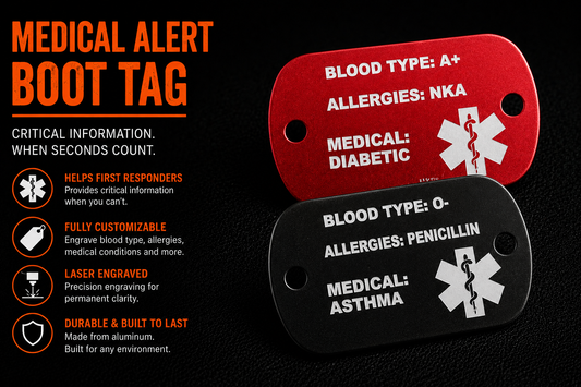Medical Alert Boot Tag product graphic showing the item and its features.