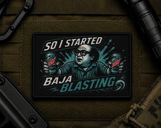 Baja Blasting Patch design with a black border on tactical gear.