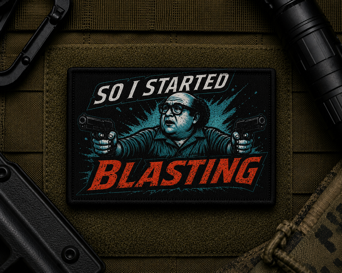 Started Blasting Patch design with a black border on tactical gear.