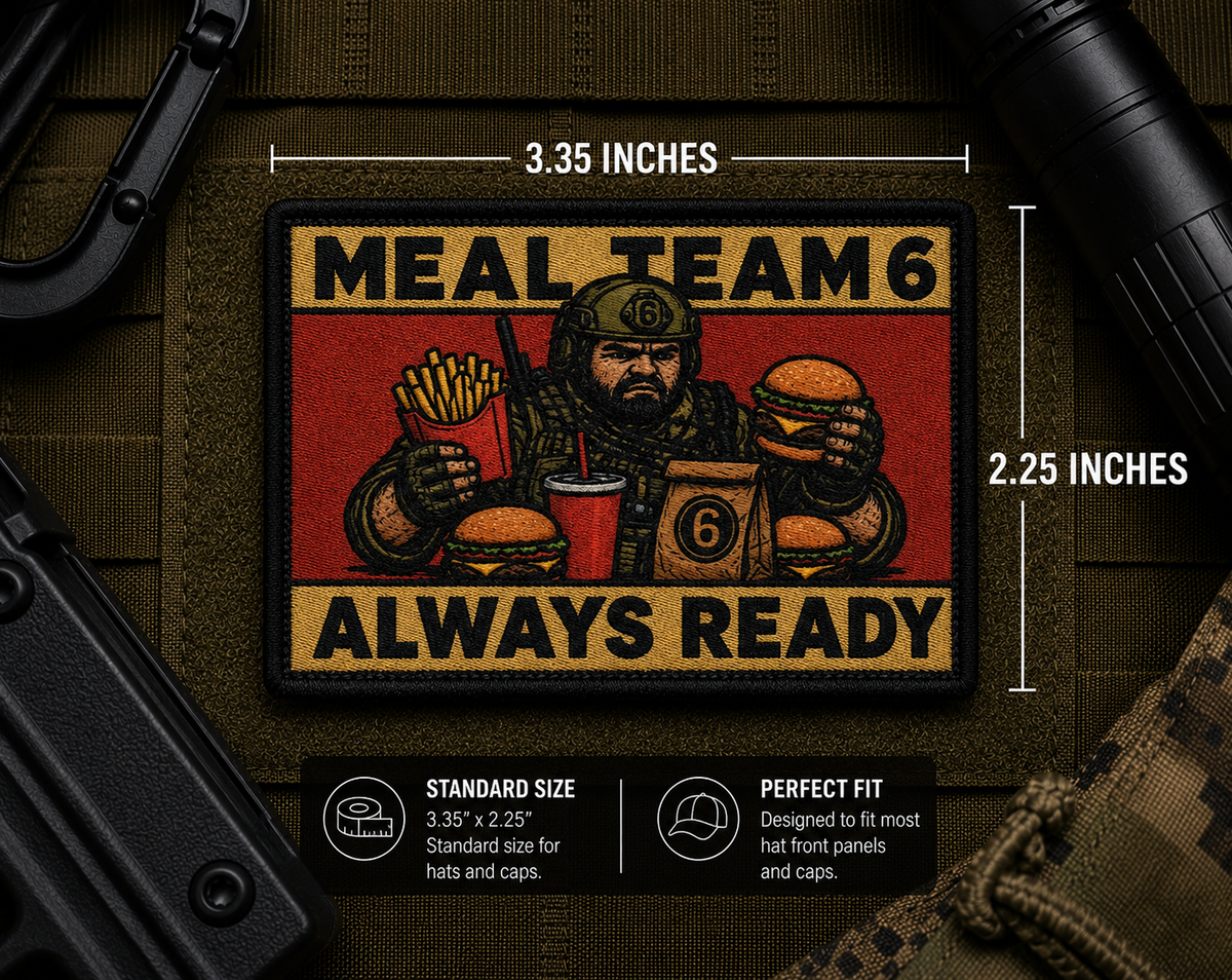 Meal Team 6 Patch with dimensions and backing feature information.