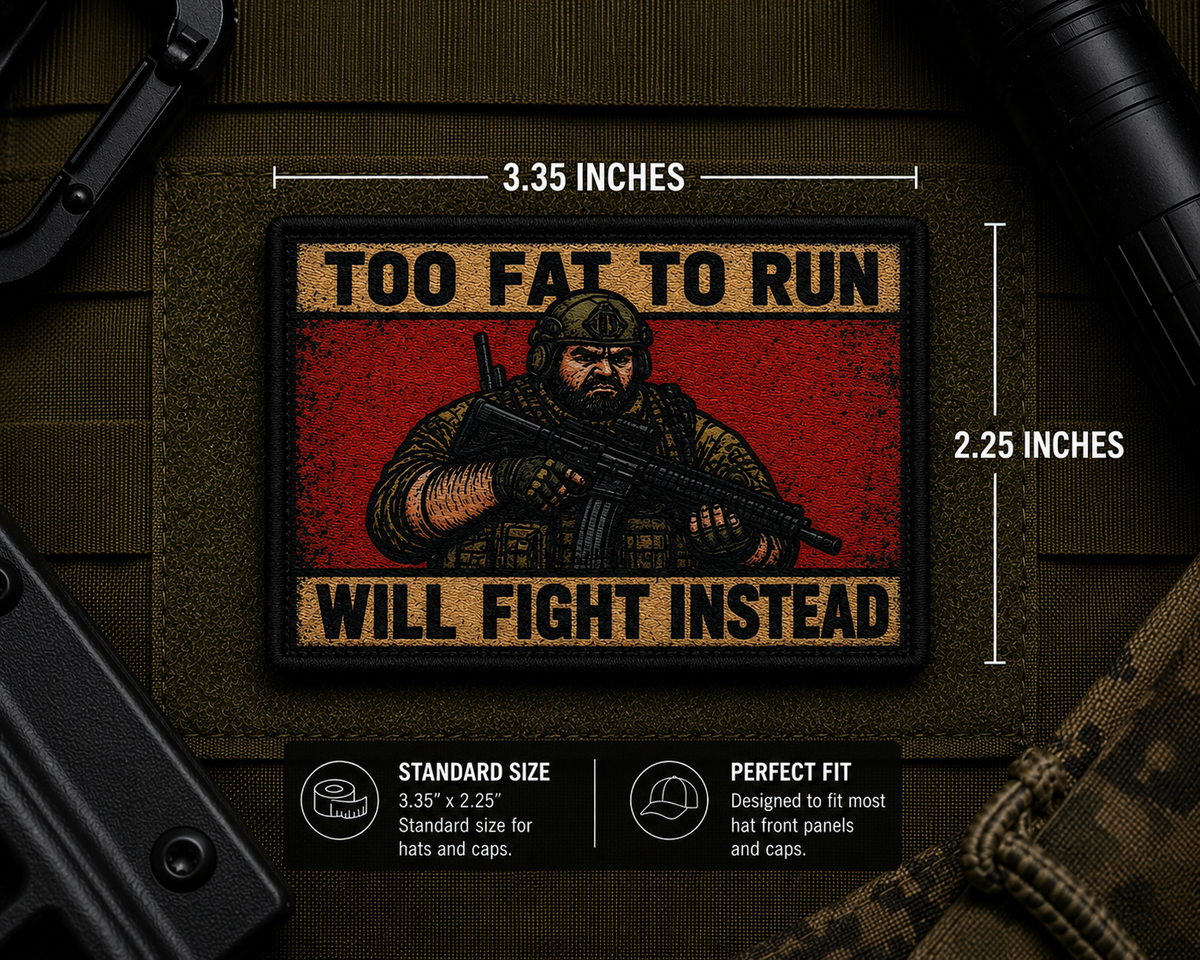 Too Fat To Run Patch with dimensions and backing feature information.