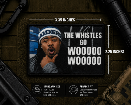 Whistles Go Wooooo Patch with dimensions and backing feature information.