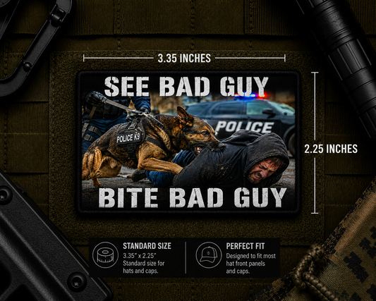 See Bad Guy Bite Bad Guy Patch with dimensions and backing feature information.