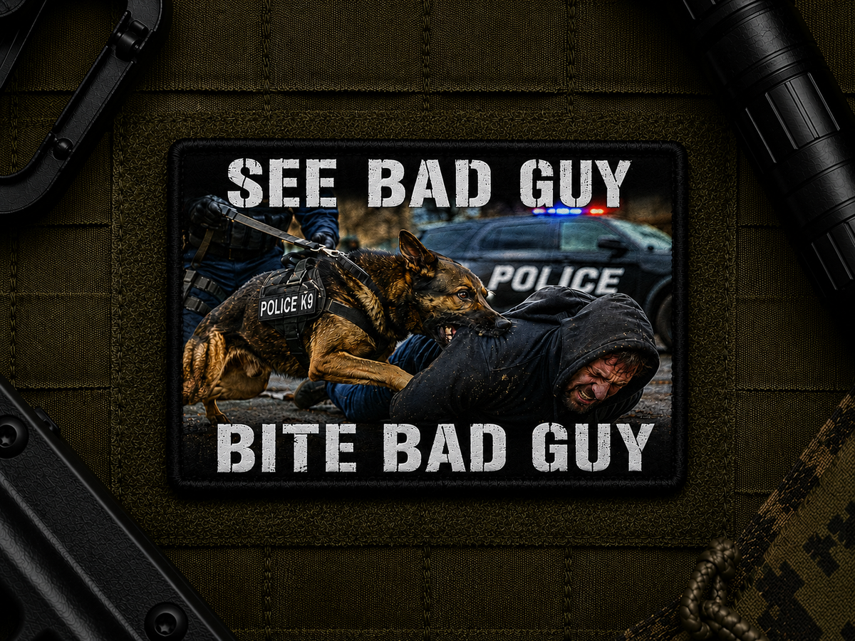 See Bad Guy Bite Bad Guy Patch design with a black border on tactical gear.