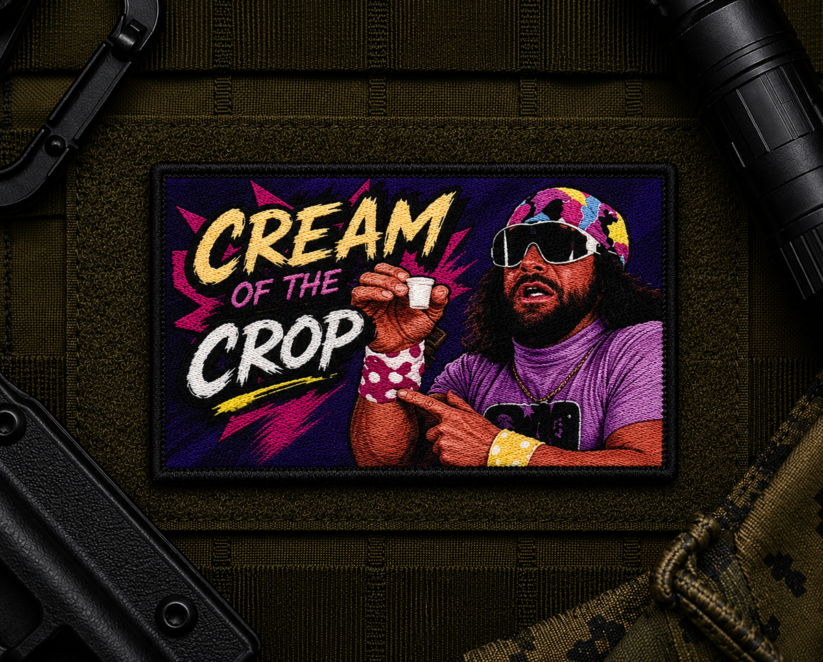 Cream Of The Crop Patch design with a black border on tactical gear.