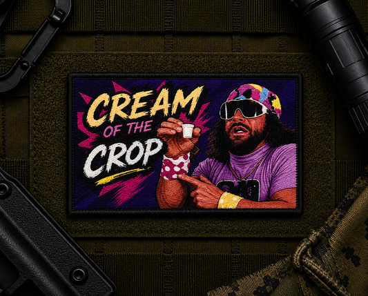 Cream Of The Crop Patch design with a black border on tactical gear.