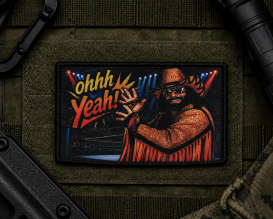 Ohhh Yeah Patch design with a black border on tactical gear.