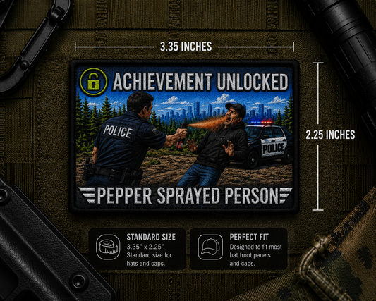 Pepper Spray Achievement Patch with dimensions and backing feature information.