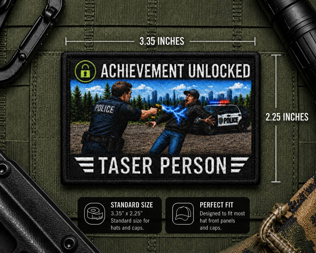 Taser Person Achievement Patch with dimensions and backing feature information.