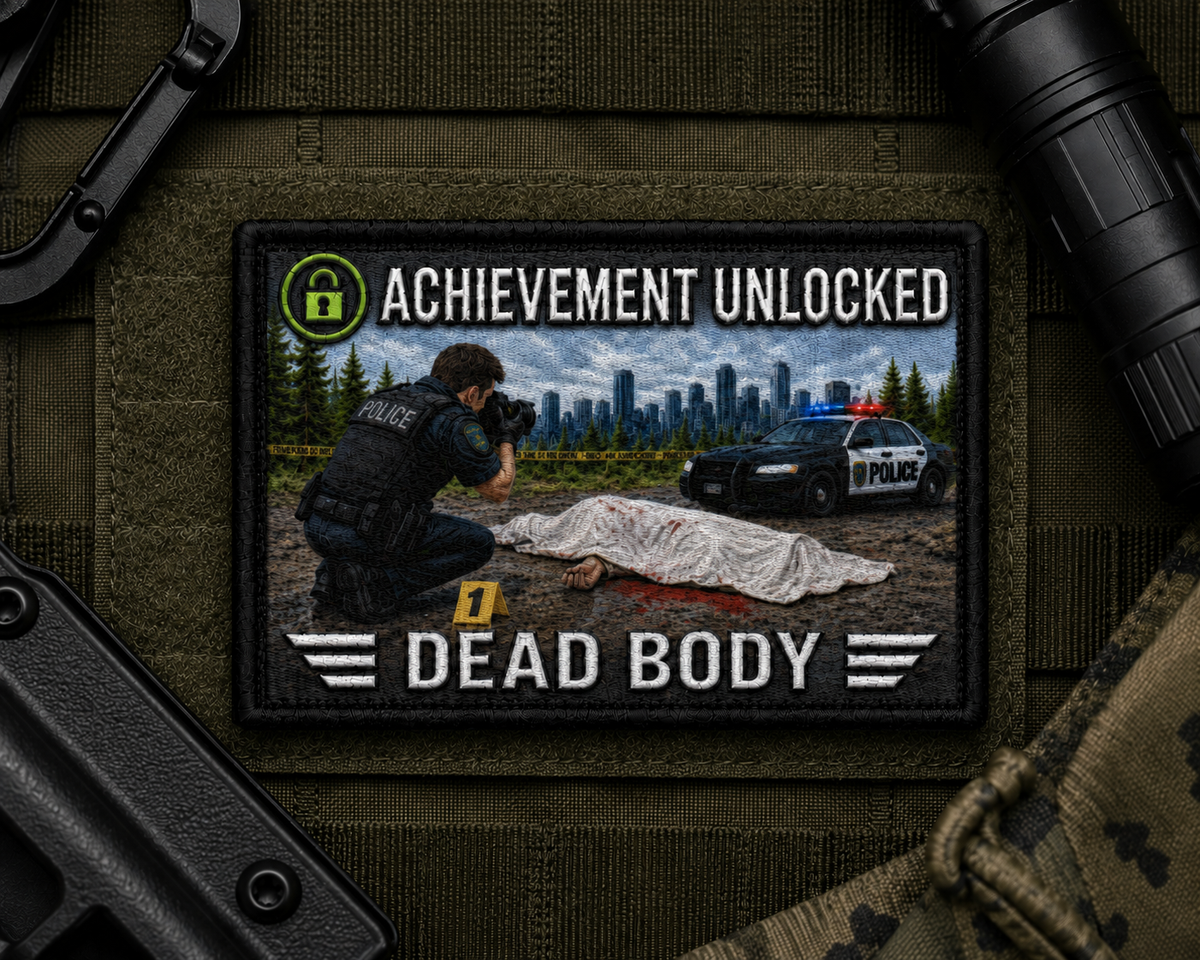 Dead Body Achievement Patch design with a black border on tactical gear.
