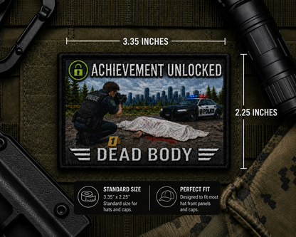 Dead Body Achievement Patch with dimensions and backing feature information.