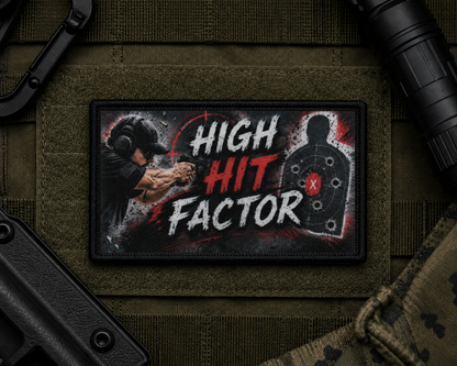 High Hit Factor Patch design with a black border on tactical gear.