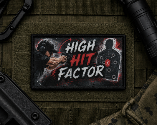 High Hit Factor Patch design with a black border on tactical gear.