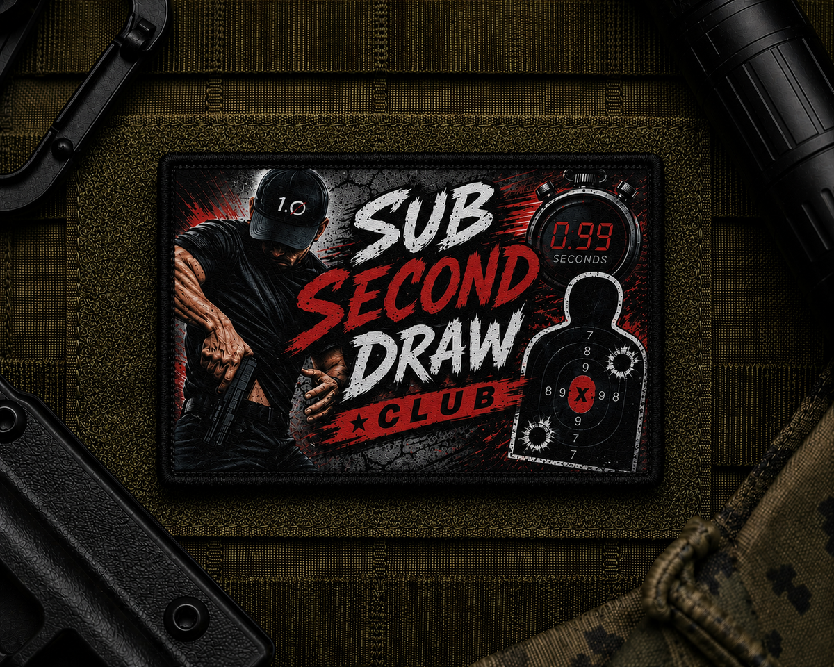 Sub Second Draw Patch design with a black border on tactical gear.