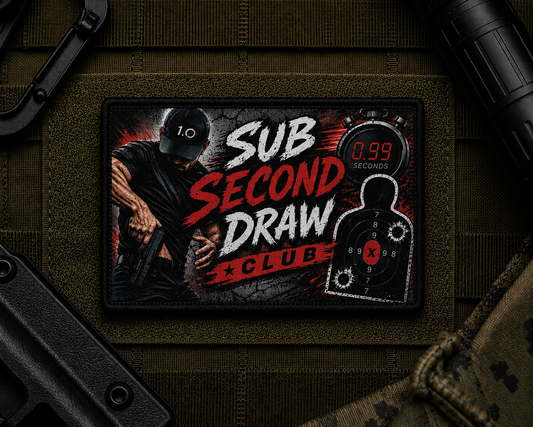 Sub Second Draw Patch design with a black border on tactical gear.