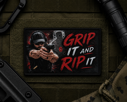 Grip It And Rip It Patch design with a black border on tactical gear.