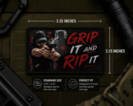 Grip It And Rip It Patch with dimensions and backing feature information.