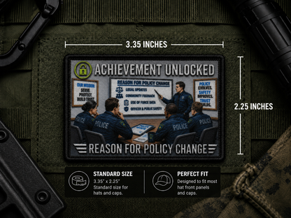 Reason For Policy Change Achievement Patch with dimensions and backing feature information.