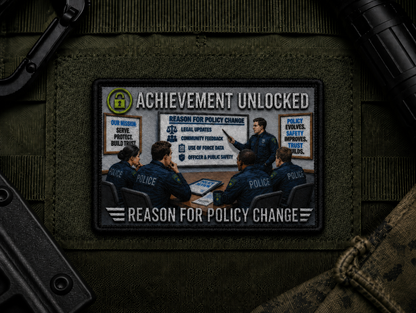 Reason For Policy Change Achievement Patch design with a black border on tactical gear.