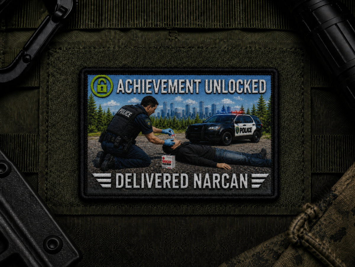 Delivered Narcan Achievement Patch design with a black border on tactical gear.