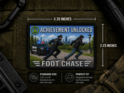Foot Chase Achievement Patch with dimensions and backing feature information.
