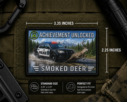Smoked Deer Achievement Patch with dimensions and backing feature information.