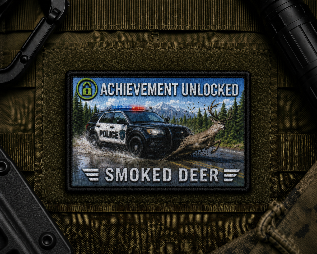 Smoked Deer Achievement Patch design with a black border on tactical gear.