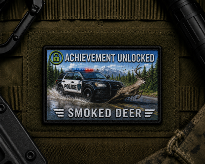Smoked Deer Achievement Patch design with a black border on tactical gear.